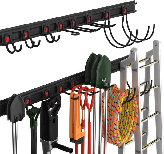 WORKPRO Garage Tool Organizer Wall Mount, Garage Organization Garden Tool Rack Holder System, 64-Inch 4 Rails with 8 Heavy Duty Adjustable Hooks for Hanging and Storage