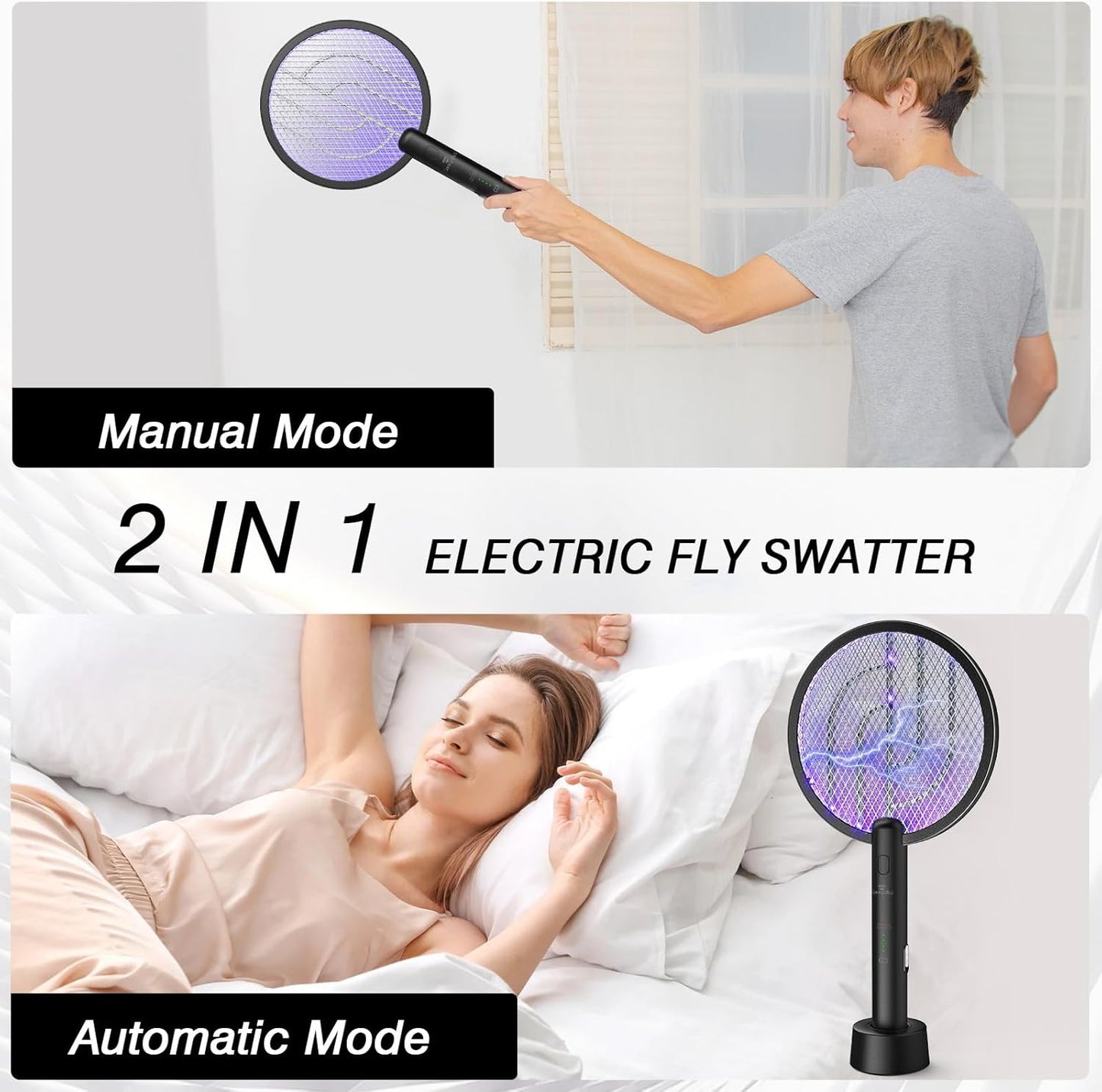 Bug Zapper Racket, 2 in 1 Fly Swatter USB Rechargeable, 4000V Electric Fly Zapper with 4 Layer Safety Mesh，Electric Racket for Kitchen, Home, Garden and Outdoors