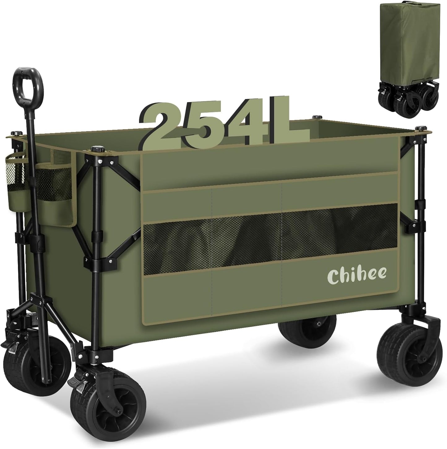 Chihee Garden Cart Collapsible Outdoor Utility Wagon Cart,Folding Beach Cart Oversized Capacity 254L,Heavy Duty Portable Wagon All Terrain Wheels Oversized Side Pocket 2 Drink Holders for Camping