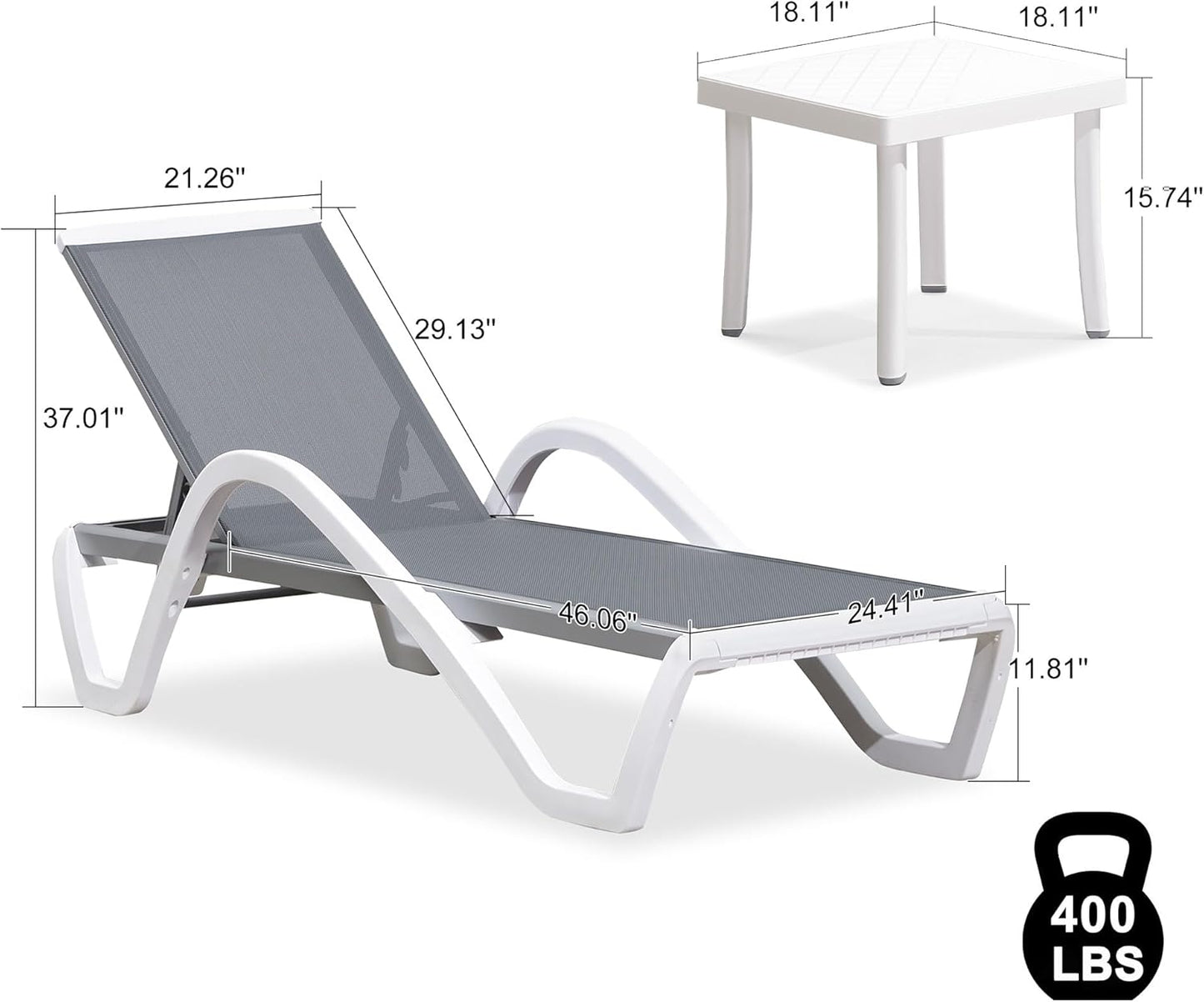 PURPLE LEAF Patio Chaise Lounge Chair Set of 3 Outside Aluminum Plastic Stackable Tanning Chairs with Armrests and Side Table for Pool Sunbathing Beach Deck Outdoor Lounger, Light Gray