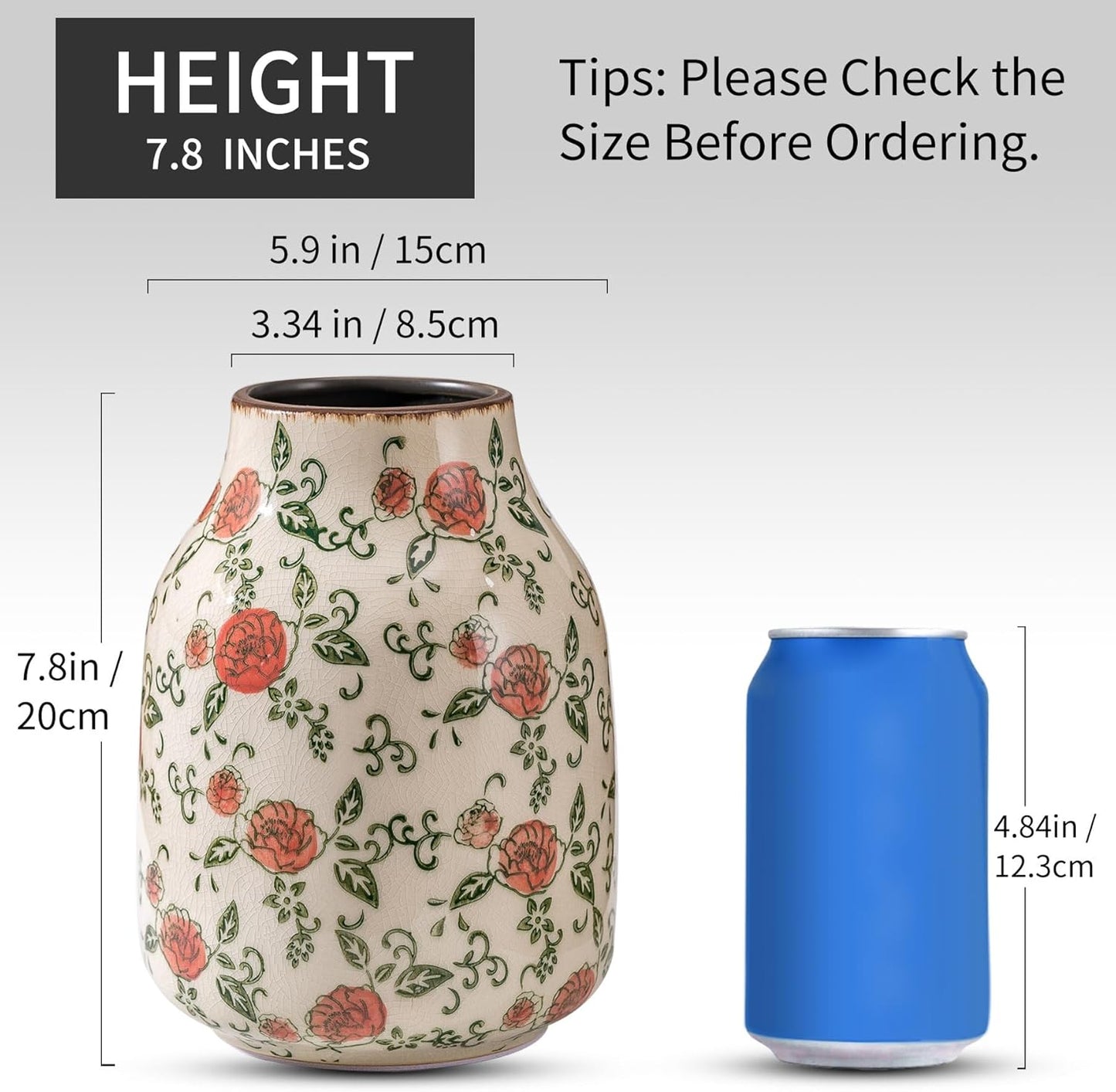 Green and Beige Vintage Round Vase, Red Rose Chinoiserie Floral Vase, Farmhouse Antique Decorative Ceramic Flower Vases for Bouquet, Home Decor, Living Room, Bookshelf, Office, Tuscan Decor 7.8 Inch