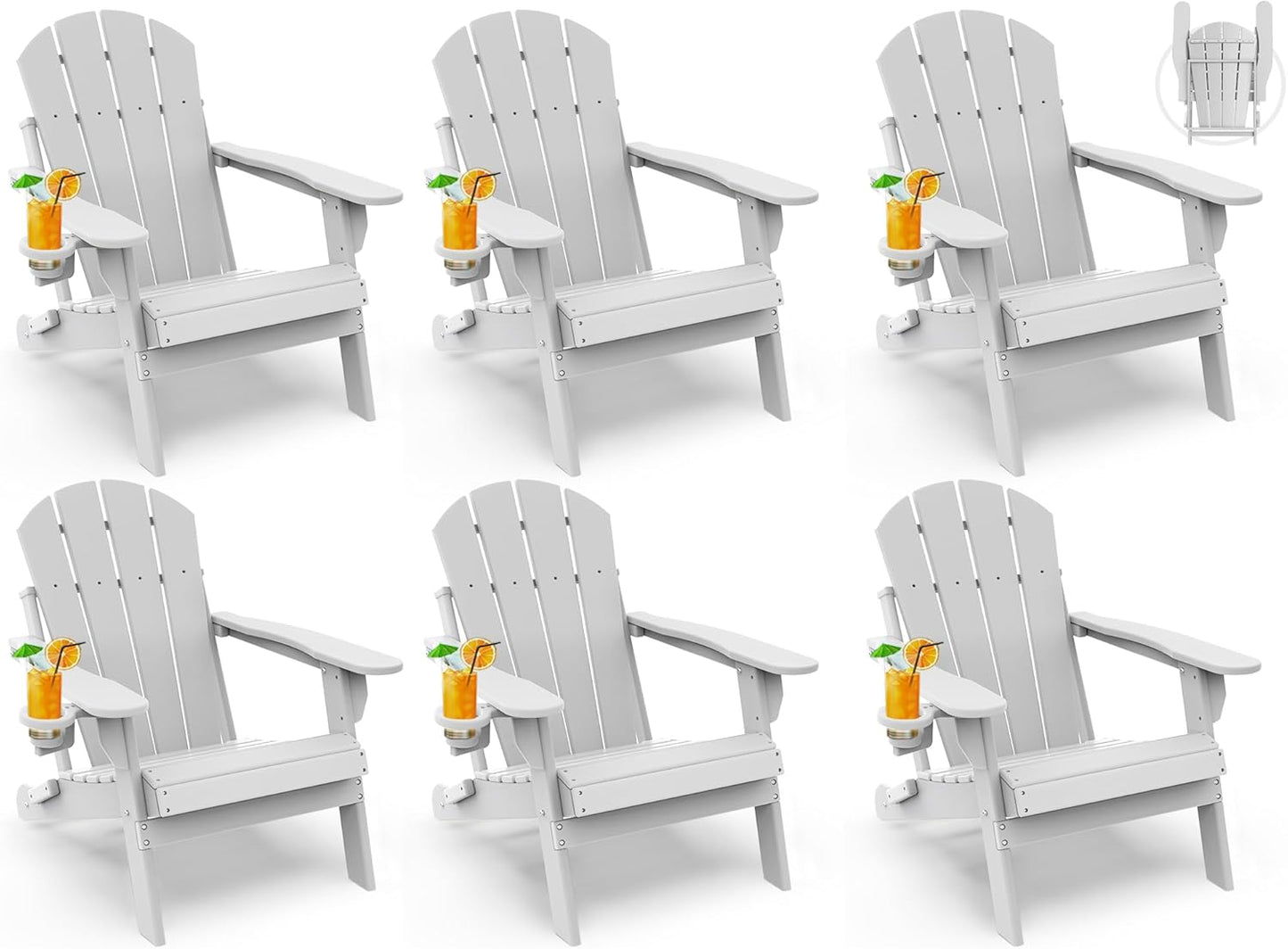 GREENVINES Folding-Adirondack-Chairs-Set-of-6 | HDPE Plastic | Fire Pit Chair | All Weather | Cup Holder | White | for Deck Backyard Patio Outdoor Garden