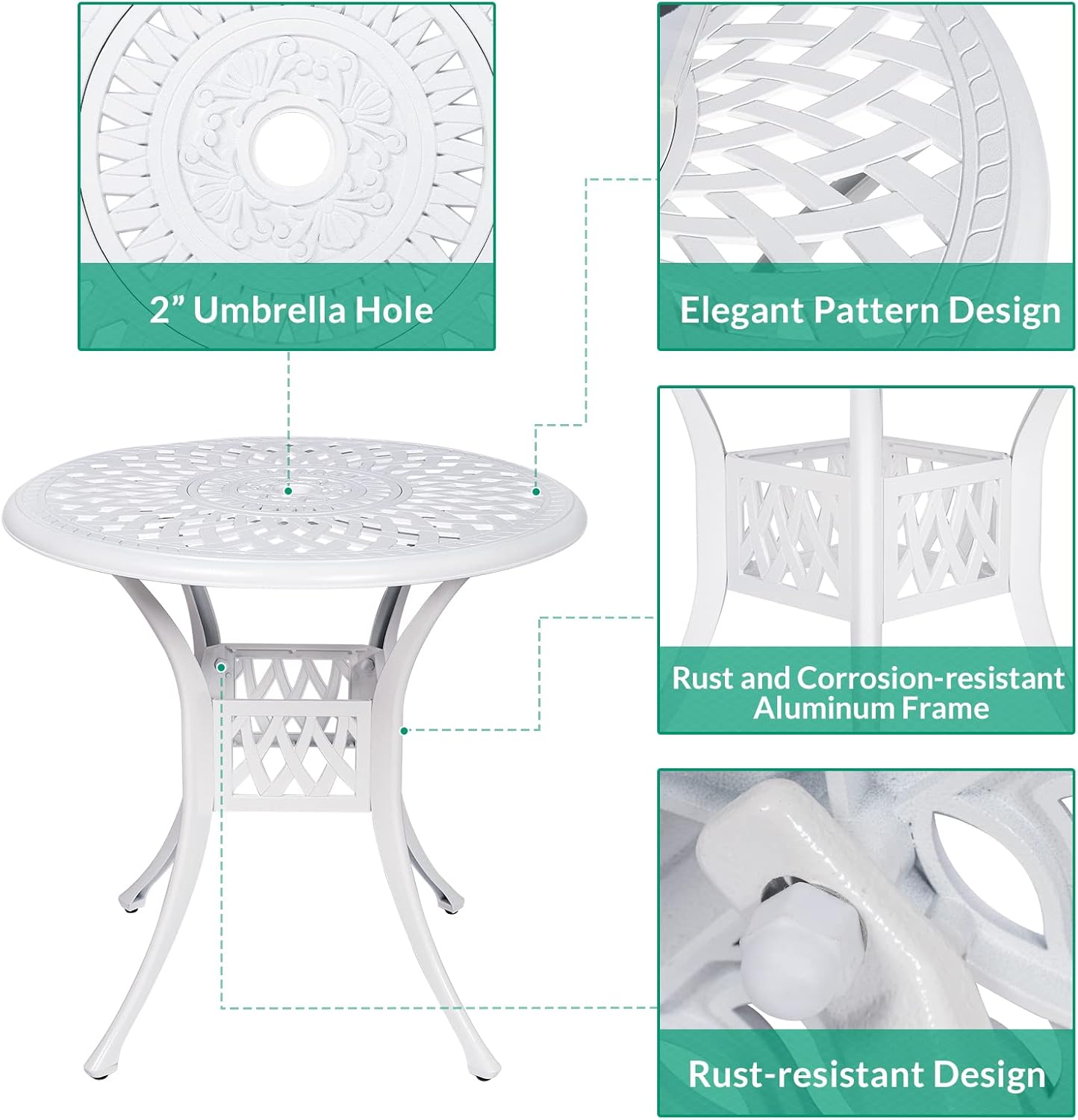 VIVIJASON 3-Piece Patio Furniture Dining Set, Outdoor All-Weather Cast Aluminum Bistro Set, Include 2 Swivel Chairs and 31" Round Table w/Umbrella Hole for Balcony, Lawn, Garden, Backyard, White