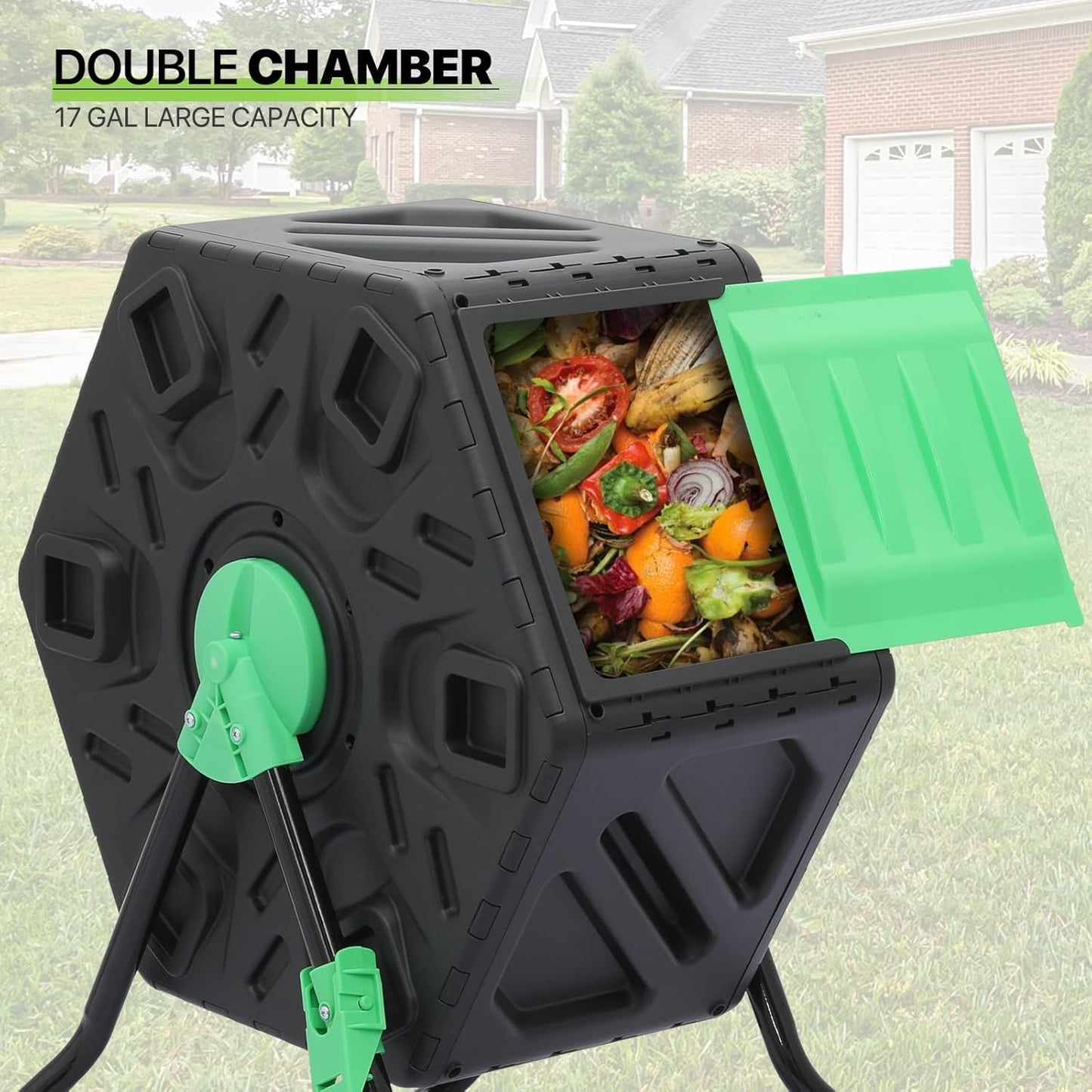 Magshion 1 x 17 Gal Outside Chamber Compost Tumbler from BPA Free Material, Outdoor All-Season Fast-Working High Volume Composter Tumbling Bin, Sliding Door