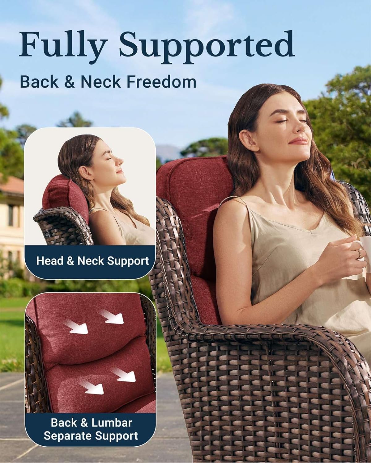 HILLGA Luxury Patio Furniture Set with 6-inch Thick Cushion, Outdoor Couch and High Back Swivel Rocker Patio Chairs, 11PCS Wicker Conversation Set for Deck Yard and Poolside, Burgundy (V2)