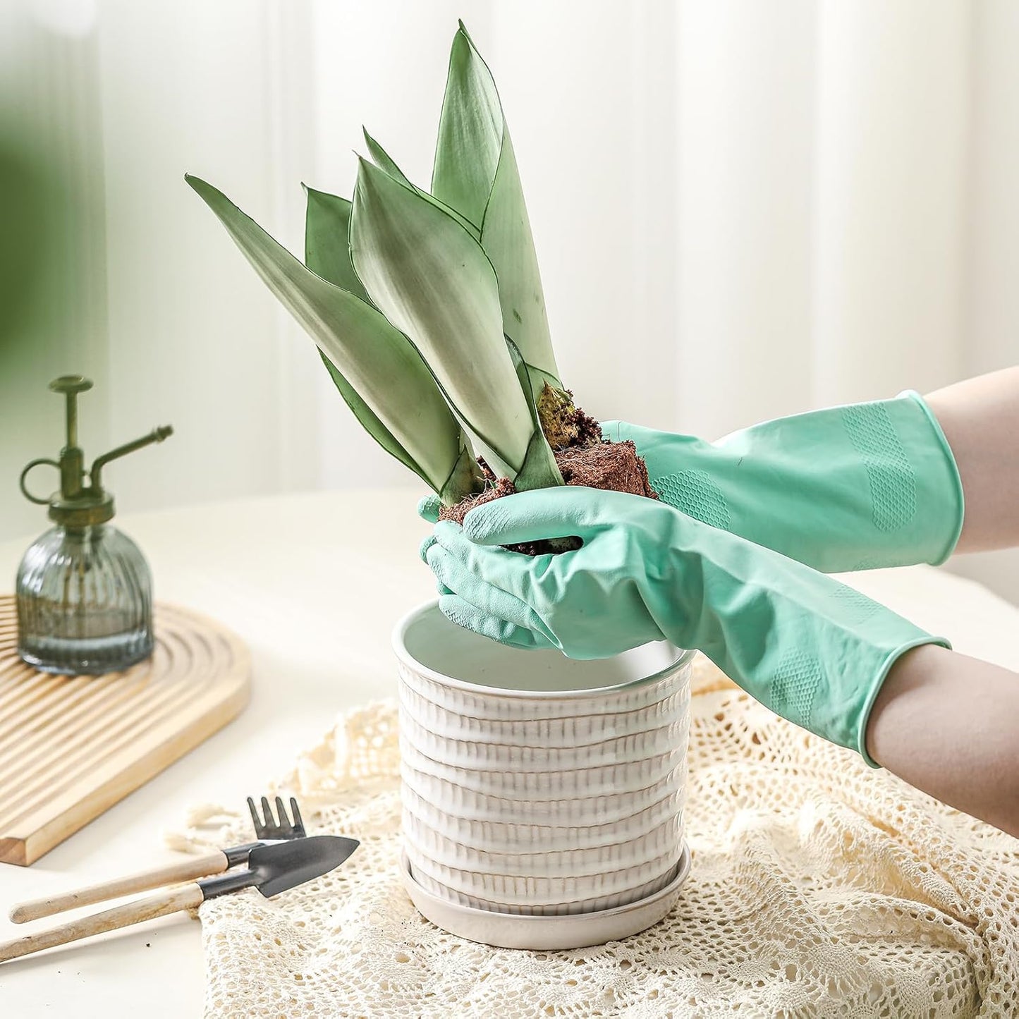 5.8 Inch Plant Pot: Ceramic Planter with Drainage Hole & Saucer - Cream White Flowerpot for Indoor & Outdoor Plants - with Separate Tray for Home & Office - Wave Embossed Design