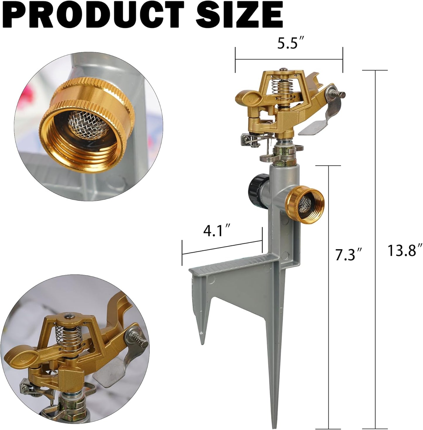 2 Pack Zinc Alloy Impact Sprinklers for Yard, Pulsating Water Sprinkler Head on Spike Base, Adjustable Water Sprinklers for Large Area Patio Lawn Garden Irrigation