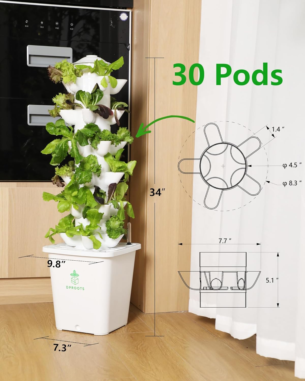 Hydroponic Tower Growing System，30 Pods Vertical Garden，Suitable for Indoor and Outdoor, Grow Herbs and Vegetables，Houseplant Farming with Water Circulation and Automatic Timer