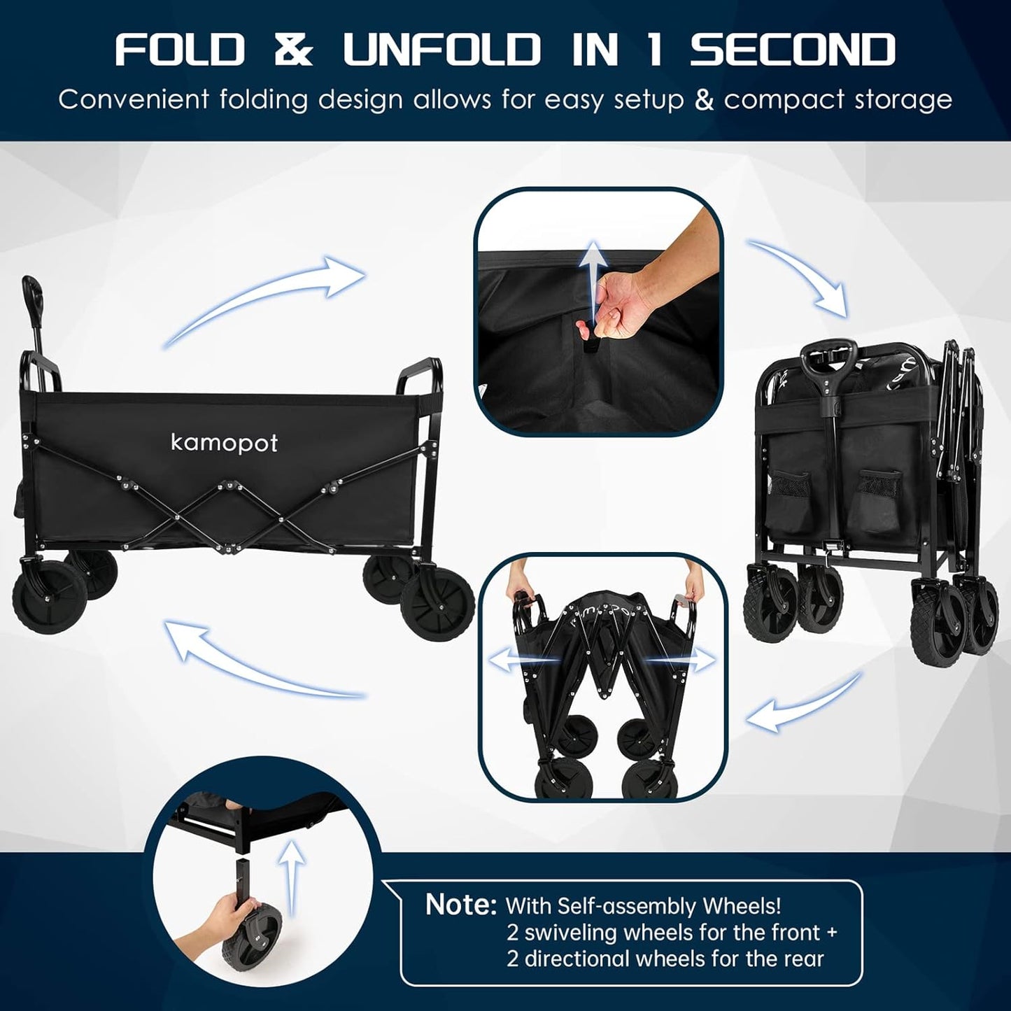 Large Collapsible Wagon Foldable for Grocery, Beach, Park, Yard, 34 x 18 Inch Inner Storage. Folding Utility Shopping Cart on Wheels. Heavy Duty, Durable w/Cupholders (Black)