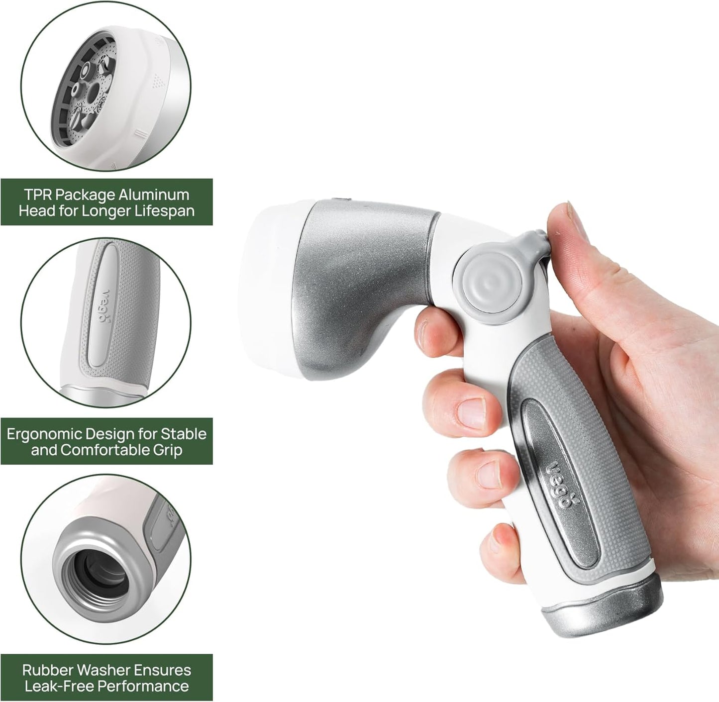 Vego Garden Hose Nozzle - 9 Spray Patterns, Metal, Thumb Control, On/Off Valve, High Pressure Heavy Duty Water Hose Spray Nozzle for Gardening, Lawn Care, and Cleaning Tasks-Cloud White