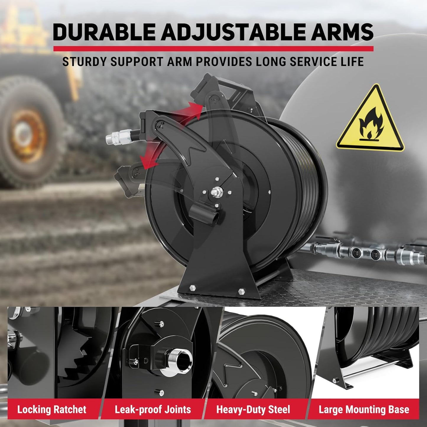 Retractable Fuel Hose Reel with Refueling Nozzle 1" x 50ft Spring Driven Diesel Hose Reel 300 PSI Industrial Auto Swivel Heavy Duty Steel Construction Reel for Ship Vehicle Tank Truck, Black