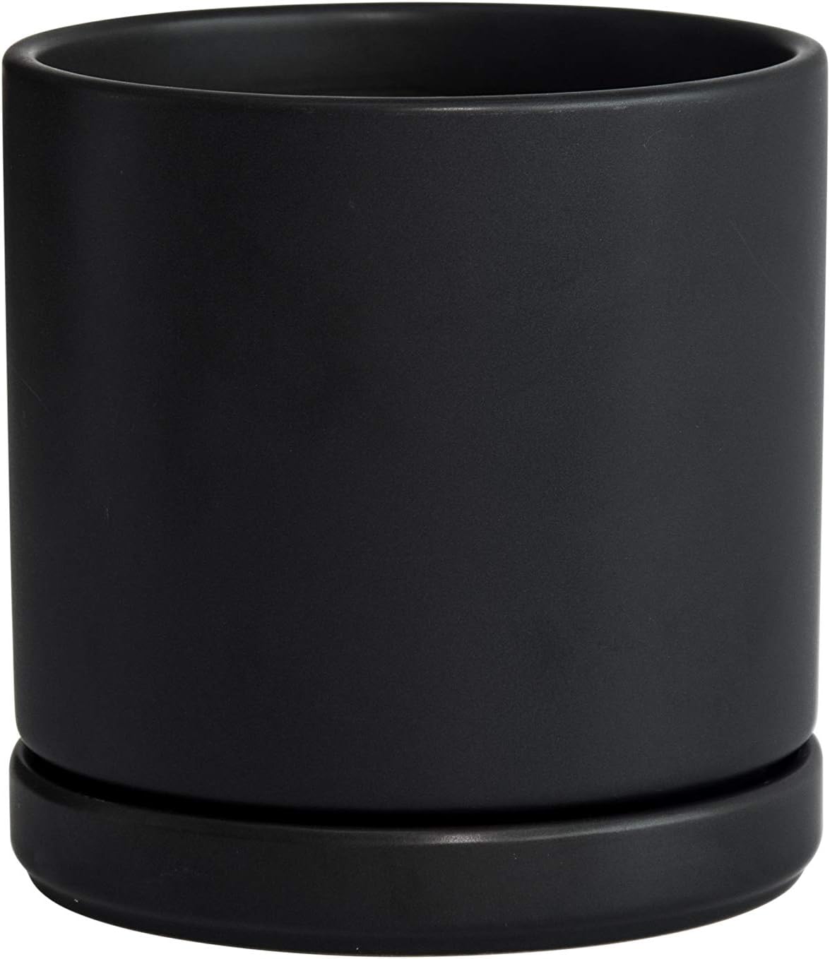 D'vine Dev 6 Inch Ceramic Planter Pot with Drainage Hole and Saucer, Indoor Cylinder Round Flower Pot, Black, 94-O-C-2