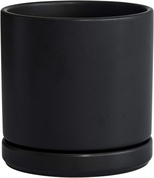 D'vine Dev 6 Inch Ceramic Planter Pot with Drainage Hole and Saucer, Indoor Cylinder Round Flower Pot, Black, 94-O-C-2