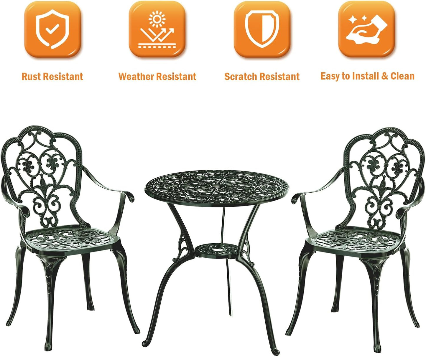 Patio Bistro Set of 2, Cast Aluminum, Outdoor Set w/Umbrella Hole, 3 Piece Table and Chairs Set, Bistro Set for Backyard/Garden/Lawn, Green