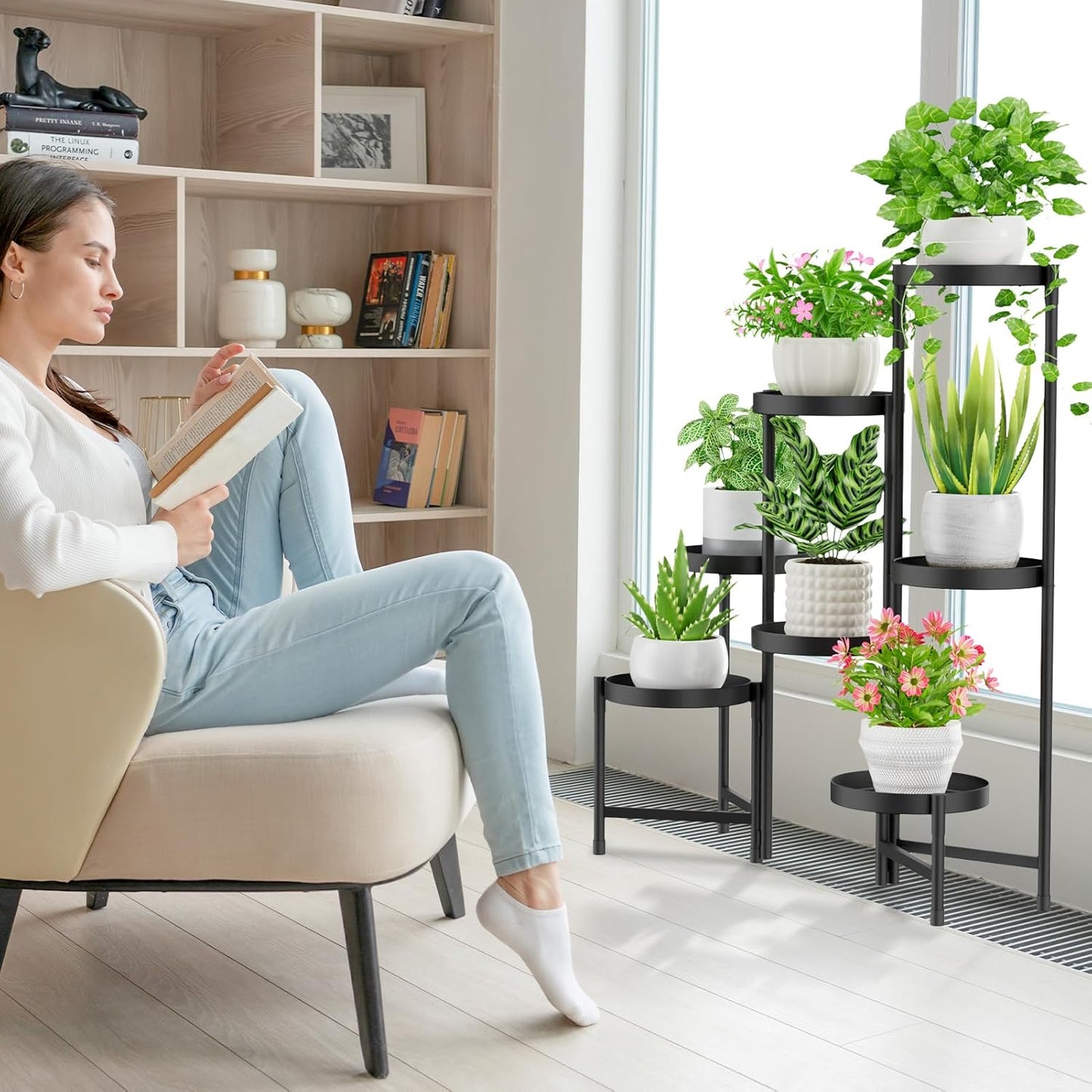 iDavosic.ly Plant Stand Indoor Outdoor, 7 Tier Corner Metal Flower Display Holder Shelf, Folding Tall Orchid Rack for Patio Balcony Porch Garden Living Room House, Black