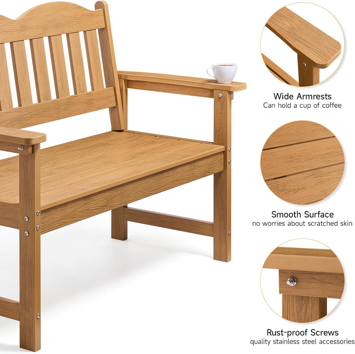 Outdoor Bench, 2-Person Poly Lumber Garden Bench with 800 lbs Weight Capacity, All-Weather Patio Bench with Armrests and Backrest for Garden, Porch, Backyard and Park, Teak