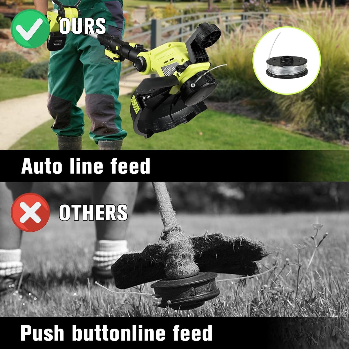 KITLUCK 20V Cordless Grass Trimmer, Electric Lawn Mower Weed Cutter with Auto Line Feed, 12-inch String Trimmer Edger Lawn Tool with 4 PCS Spool Line and 2.0Ah Battery for Lawn Care, Yard, Garden