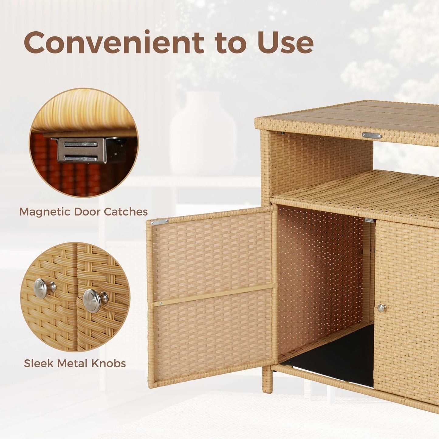 Grand patio Outdoor Storage Cabinet with Walnut Wood Tabletop Weatherproof Wicker Buffet Cabinet 2-Door Wicker Sideboard for Garden Patio Poolside Beige