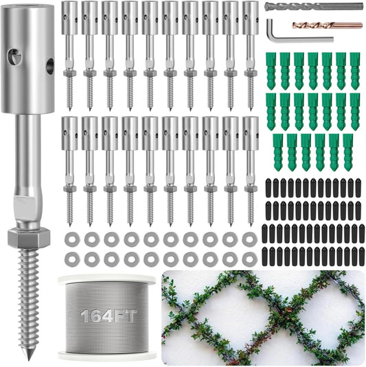 Trellis Wire for Climbing Plants Outdoor, 20 Set Wall Wire Trellis Kit with 1/8" x 164ft Stainless Steel Cable, T316 Espalier System Cable Trellis Kit with Adjustable Spacing Vines Green Wall