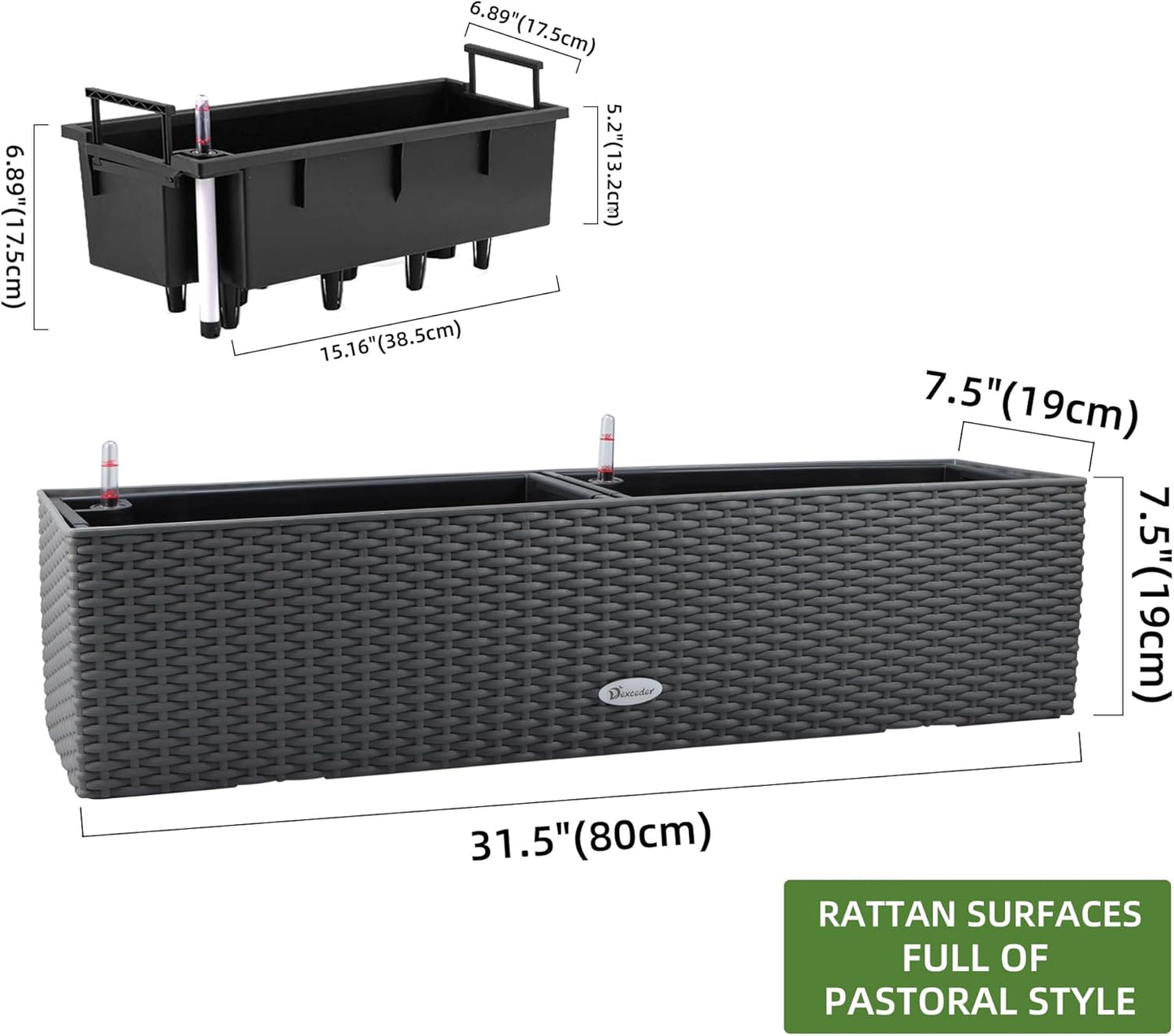 Dexceder 31.5 Inch Rattan Self Watering Planter Indoor Outdoor, Thickened Large Rail Flower Plant Pot Window Box with Water Level Indicators (Deep Gray)