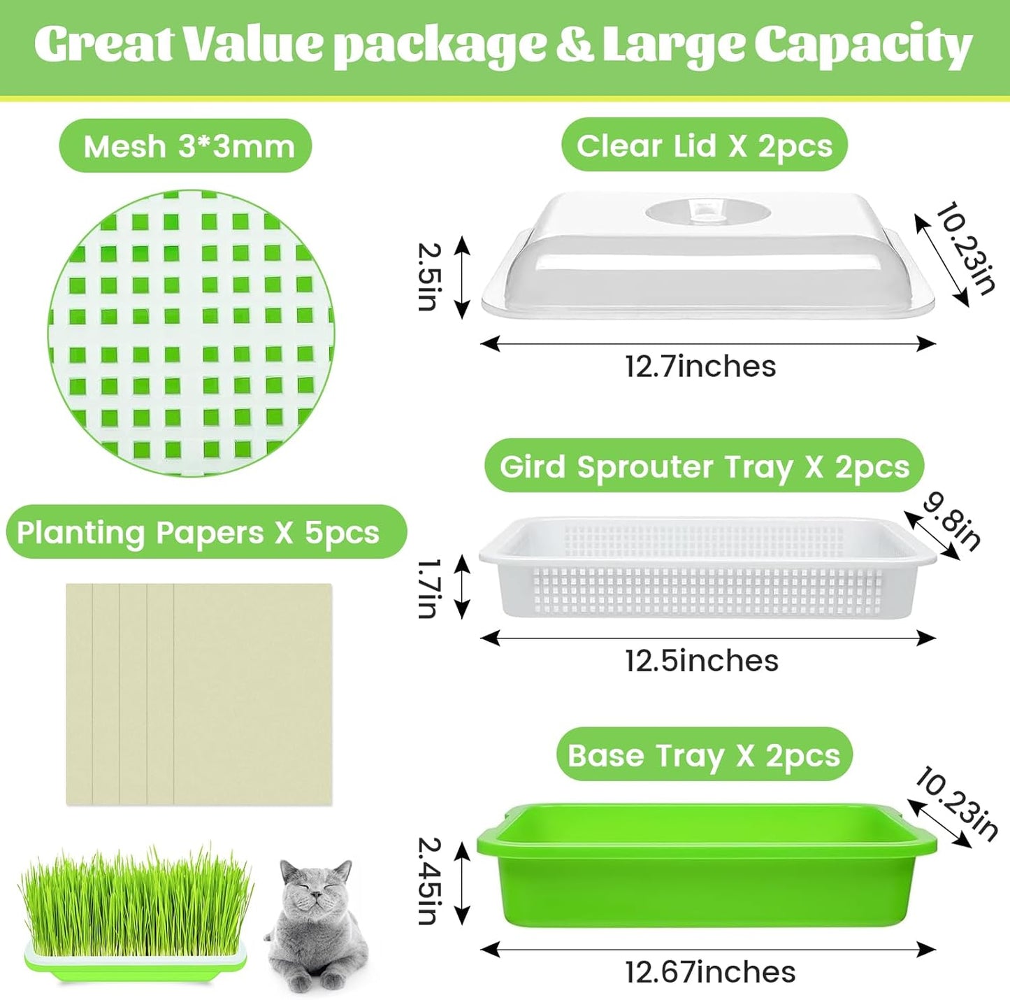 Legigo 2 Pack Seed Sprouter Trays with Lids- Soil-Free Cultivation Germination Tray, BPA Free Micro Greens Growing Trays Seed Sprouting Trays Kit with Germinating Paper for Wheatgrass, Beans and More