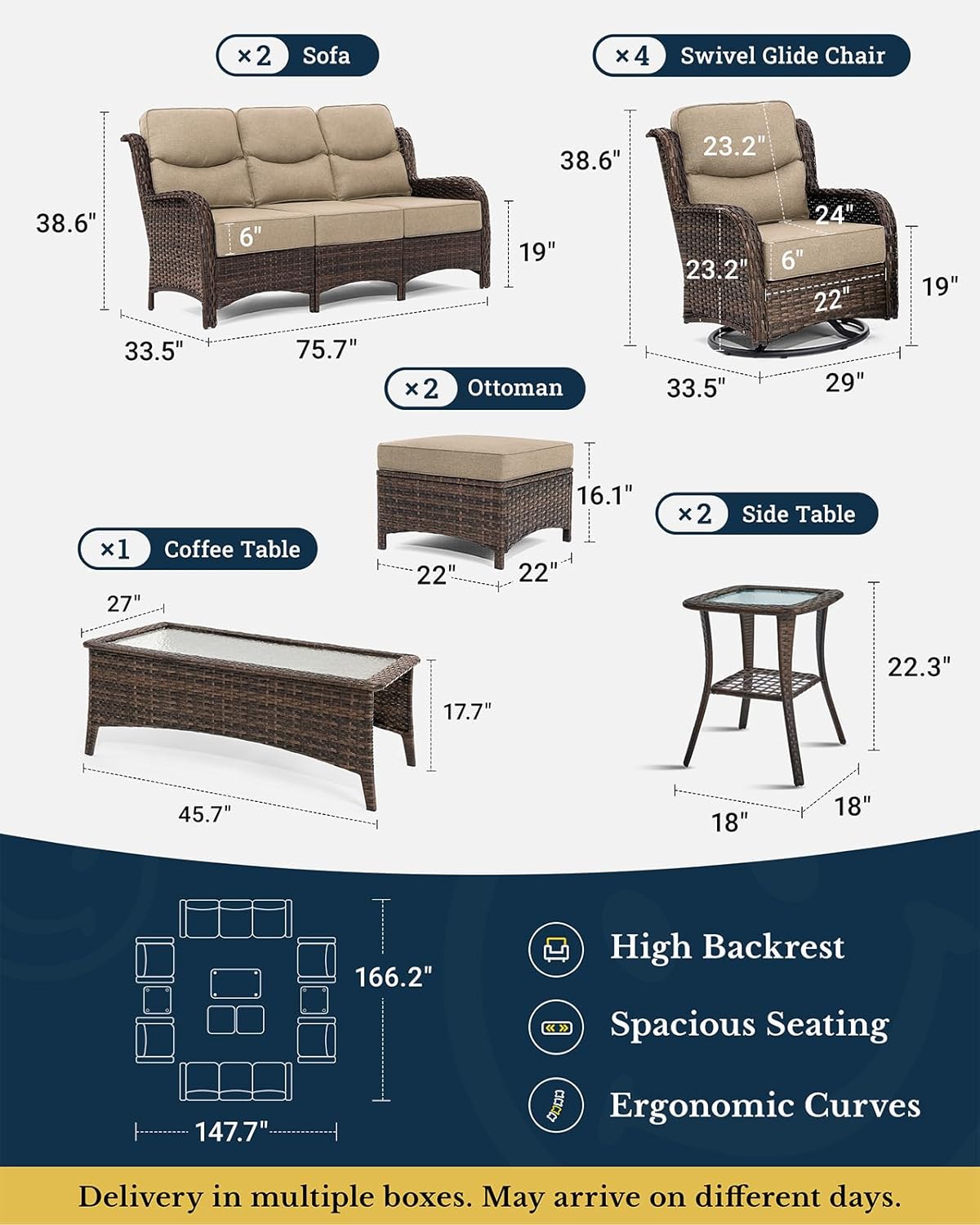 HILLGA Luxury Patio Furniture Set with 6-inch Thick Cushion, Outdoor Couch and High Back Swivel Rocker Patio Chairs, 11PCS Wicker Conversation Set for Deck Yard and Poolside, Beige (V2)
