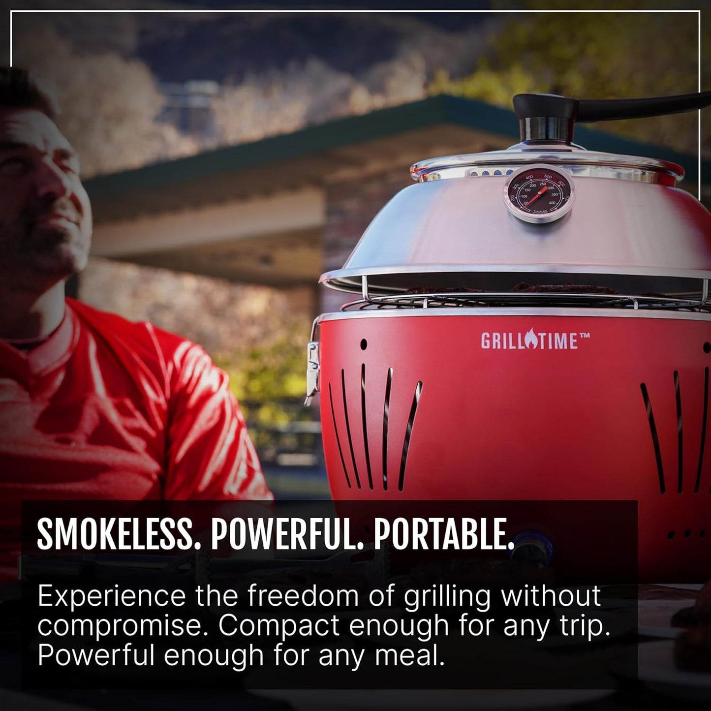 GrillTime Tailgater GT Hood Combo 13 Inch - Portable Charcoal Grill with Hood, Small Tabletop Grill for Tailgate Parties, Camping, Beach BBQ Red