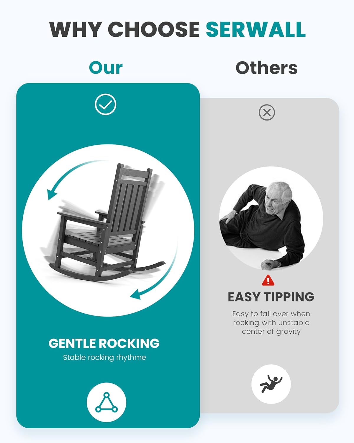 SERWALL Oversized Outdoor Rocking Chair Set of 4, HDPE Rocker for Adults, Patio Rocking Chairs for Porch, Grey