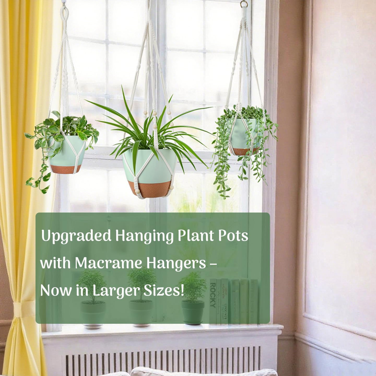 Larege Hanging Planters with Macrame Plant Hangers for Indoor Outdoor Plants 3 Set 10" / 8" / 7" Self Watering Pots Hanging Baskets Flower Pot Holders 3 Different Size Green Large