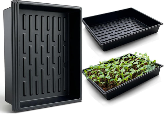 Seed Starter Tray, 5 Packs Plant Tray, Durable Plastic Growing Trays, Stackable Seedling Starter Trays Perfect for Indoor, Outdoor, Greenhouses, 16.5" L x 13.2" W x 2.8" H - Black