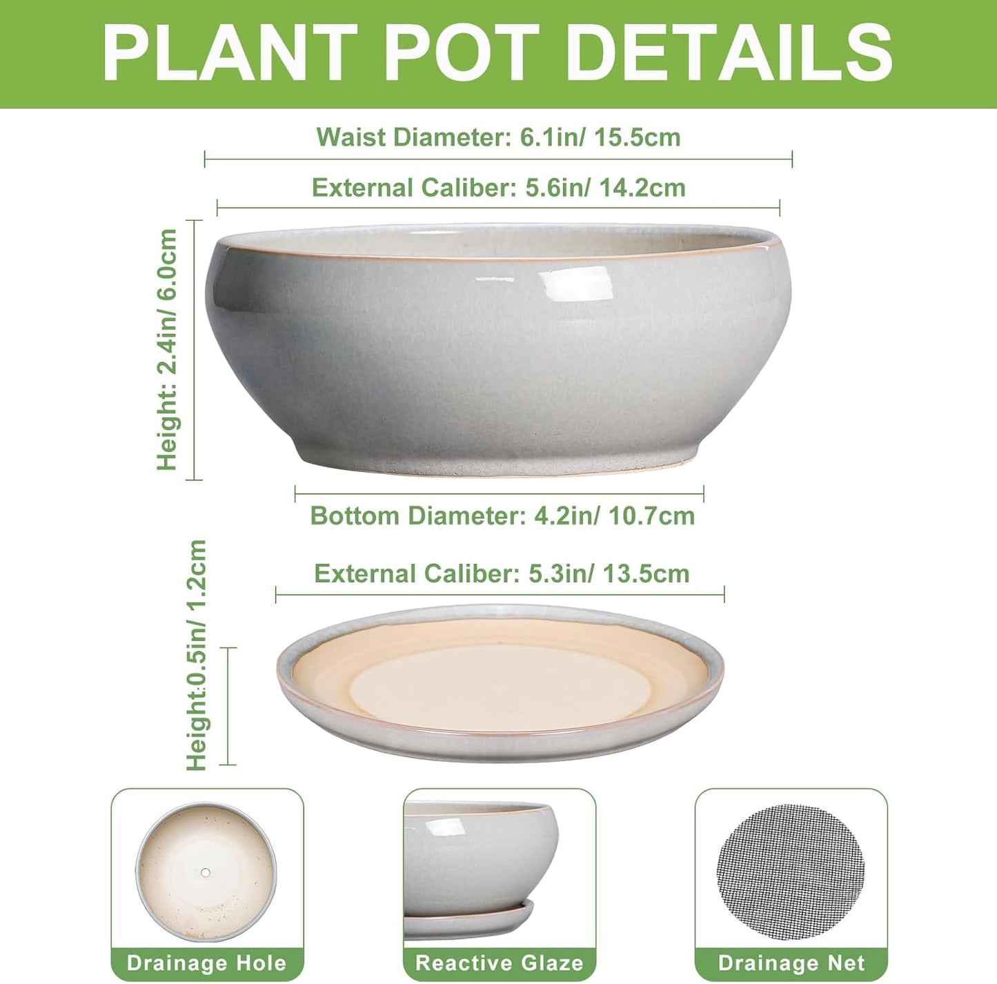 SQOWL Succulent Planters 6 Inch - Ceramic Bonsai Pots with Drainage Hole and Saucer, Shallow Planter for Indoor Plants Outdoor, Round Ceramic Pots for Plants Cactus, Room Decor, Garden Gifts, Gray