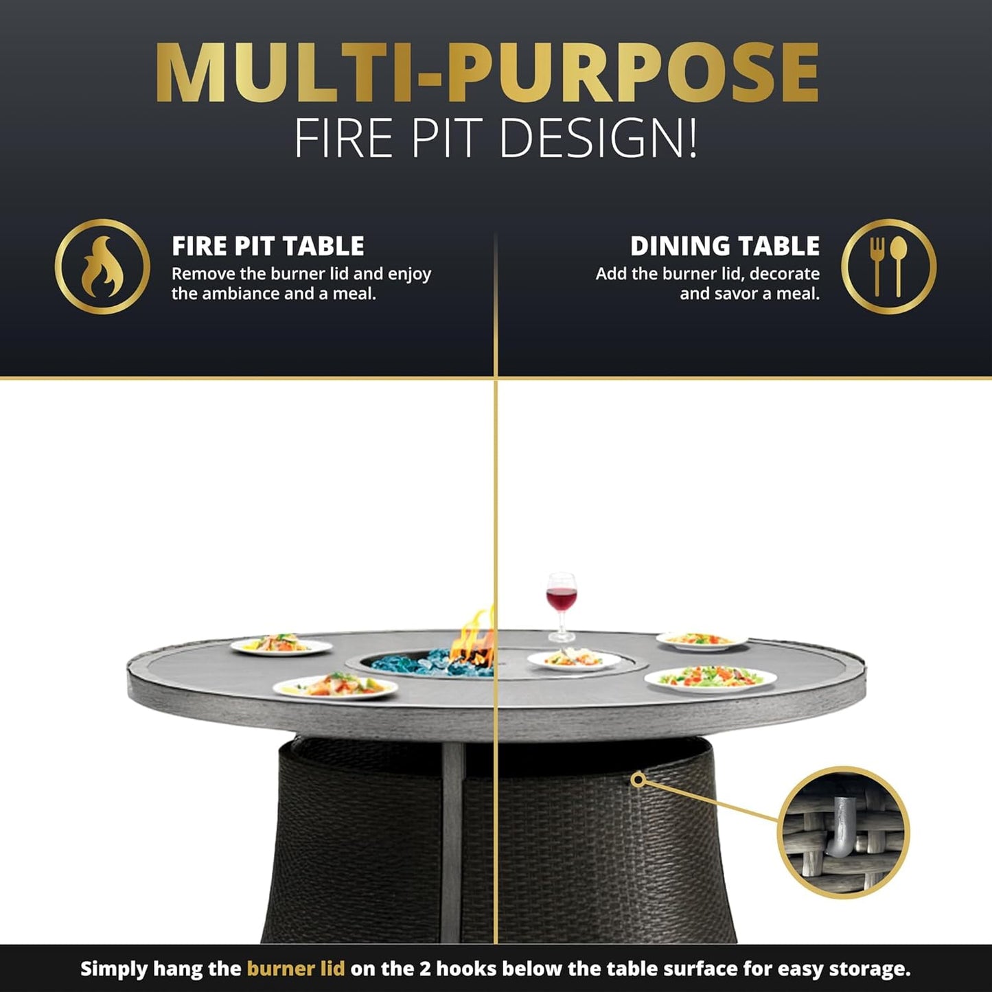 Mazatzal 7 Piece Wicker Patio Furniture Set with 52" Round Propane Gas Firepit Table, 6 Patio Chairs with Cushions, Outdoor Aluminum Conversation Set for Poolside, Backyard, CSA Certified, Gray