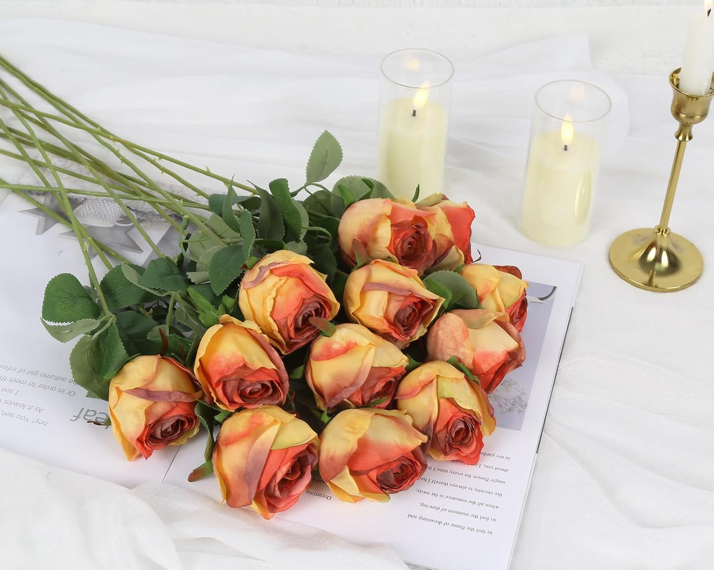 12pcs Orange Roses Artificial Flowers Vintage Burnt Edge Rose 20" Realistic Silk Roses Bouquet with Long Stem for Wedding Party Floral Centerpieces Decoration (Orange)