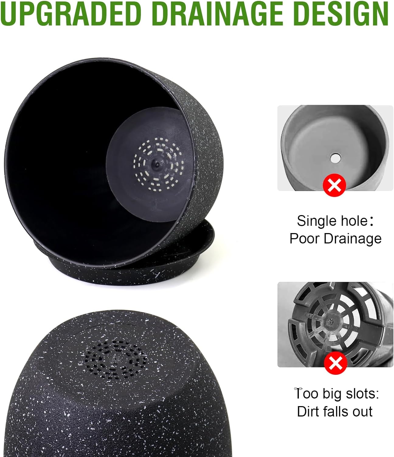 Plant Pots 10/9/8 inch, Set of 3 Modern Decorative Plastic Planters with Drainage Holes and Saucers for Garden House Plants, Flower Pots for Indoor Outdoor Plants, Speckled Black