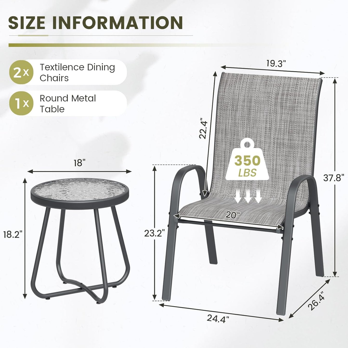 UDPATIO Patio Dining Set of 3, Outdoor Table and Chairs Set with Glass Table, 2 Stackable Patio Chairs with High Back, Outdoor Furniture Sets for Deck Garden Backyard Lawn Poolside (Light Grey)