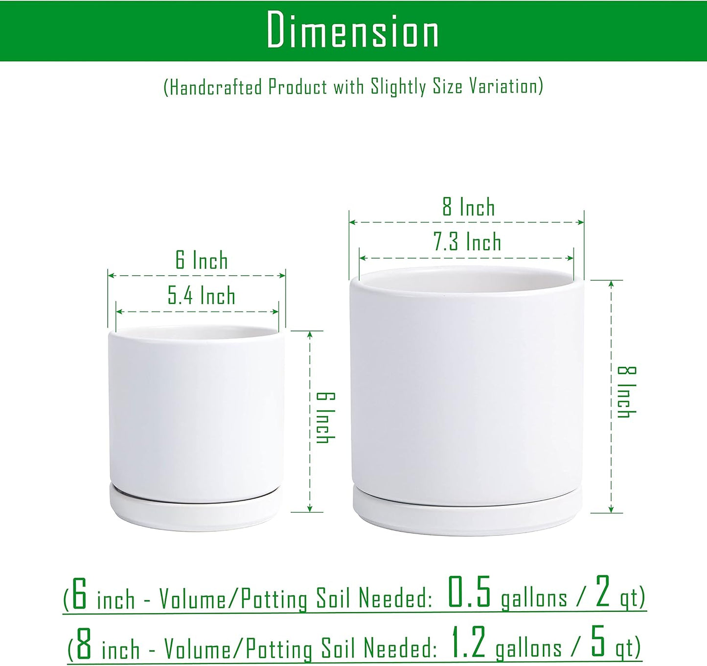 D'vine Dev 6 Inch & 8 Inch Ceramic Planter Pots for Plants with Drainage Hole and Saucer, Medium Plant Pots Set, White, 94-G-M-1