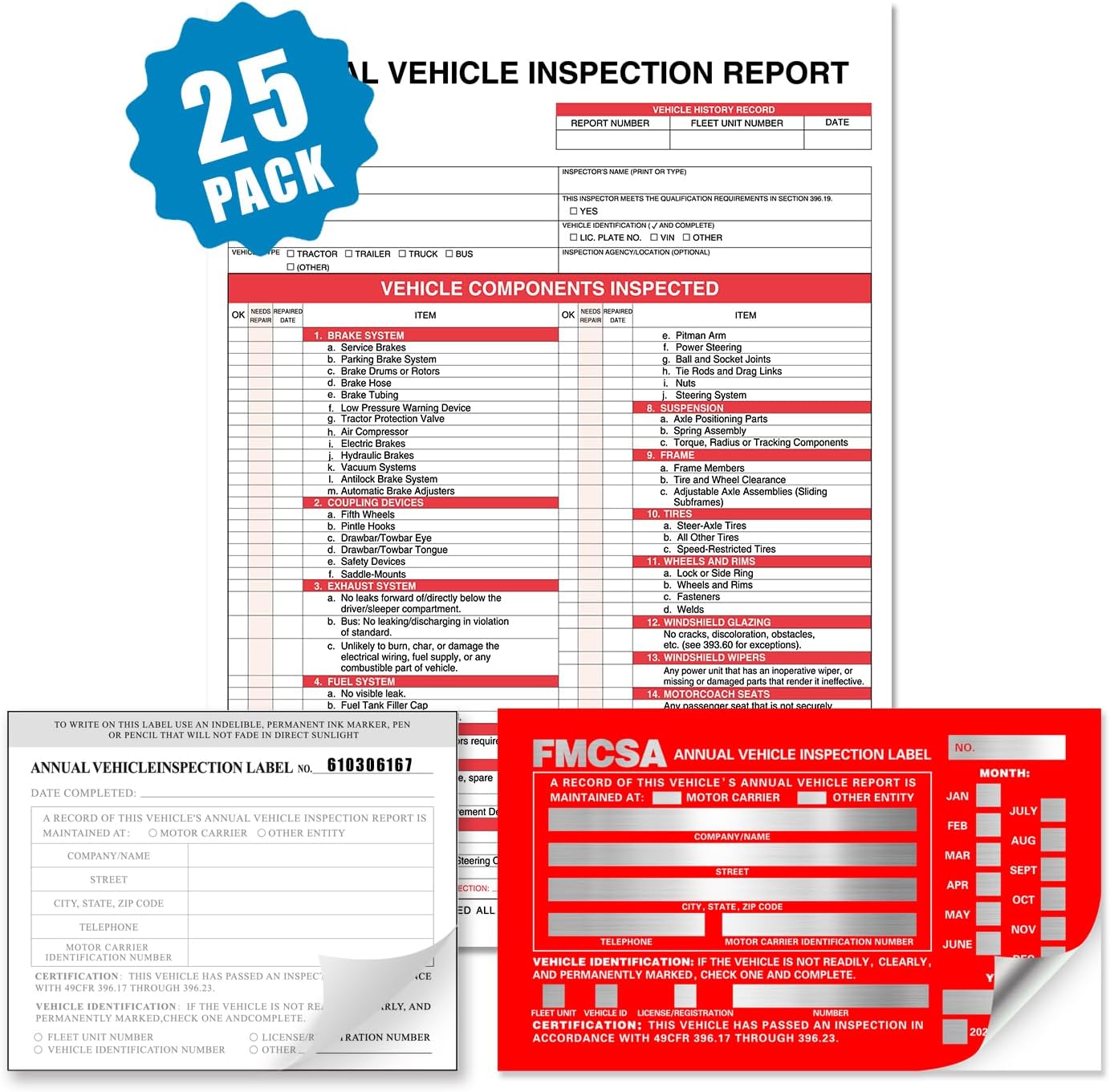 Annual Vehicle Inspection Report Form with Red Exterior Aluminum Inspection Label (6"x3.5"), and White Interior Inspection Label (5"x4") 25-pk