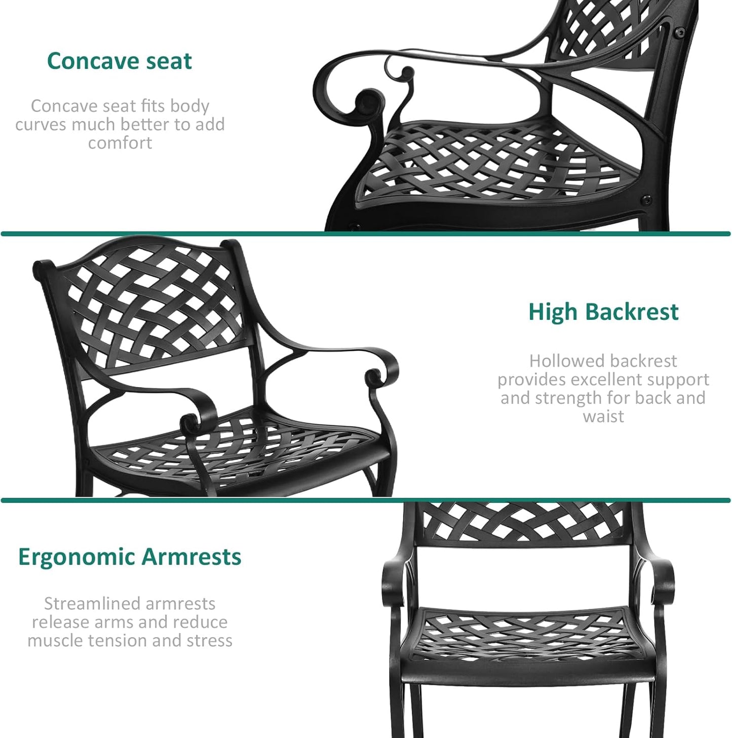 5 Pieces Cast Aluminium Patio Dining Set for 4-6 Person,Round 48" Patio Table and Chairs Set of 4 with 2.3" Umbrella Hole,Outdoor Patio Furniture Dining Set for Porch Backyard Deck, Black