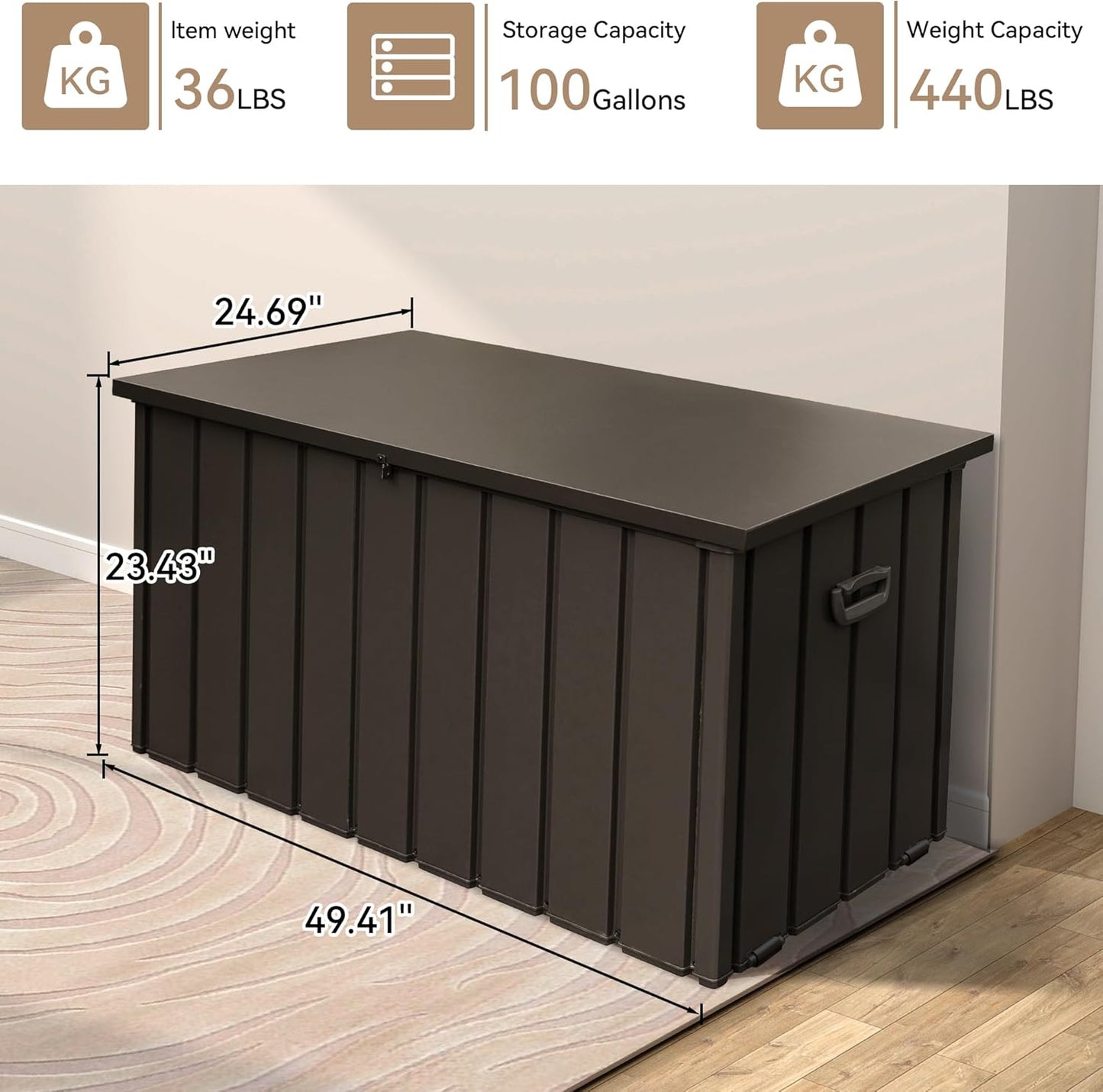 Outdoor Storage Box, 100 Gallon Metal Deck Box Waterproof, Outside Steel Storage Lockable Cabinet, Indoor Storage Bin Container for Patio/Poolside/Backyard Cushions, Pillow -Brown