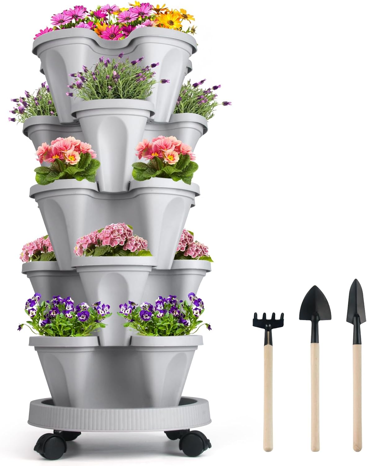 Strawberry Planter 5 Tier Stackable Planters - Vertical Garden Planting Tower Planters for Herb, Flower, and Vegetable Planter Indoor Outdoor Gardening Pots with Removable Wheels and Tools, Gray