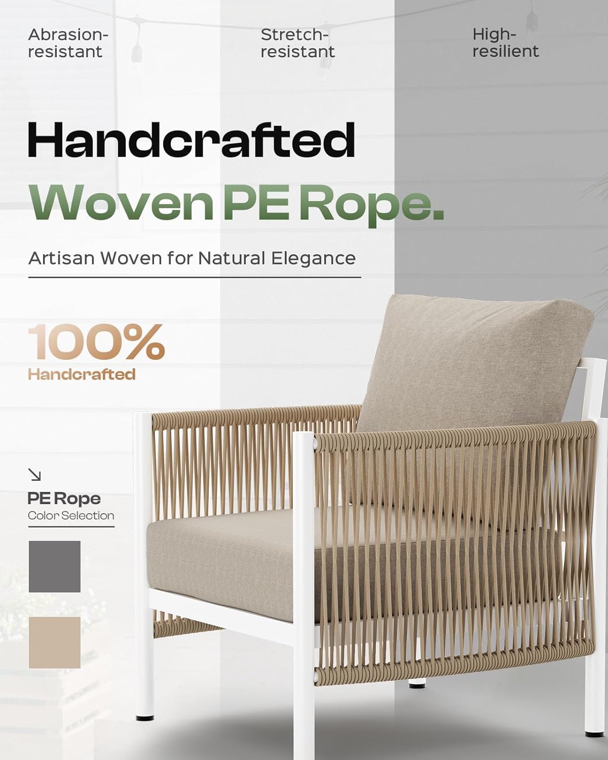 Aluminum Outdoor Patio Couch Loveseat, HDPE Rope Patio Sofa with Washable Thick Cushion, All-Weather Patio Furniture for Balcony, Yard, White Frame, Ivory