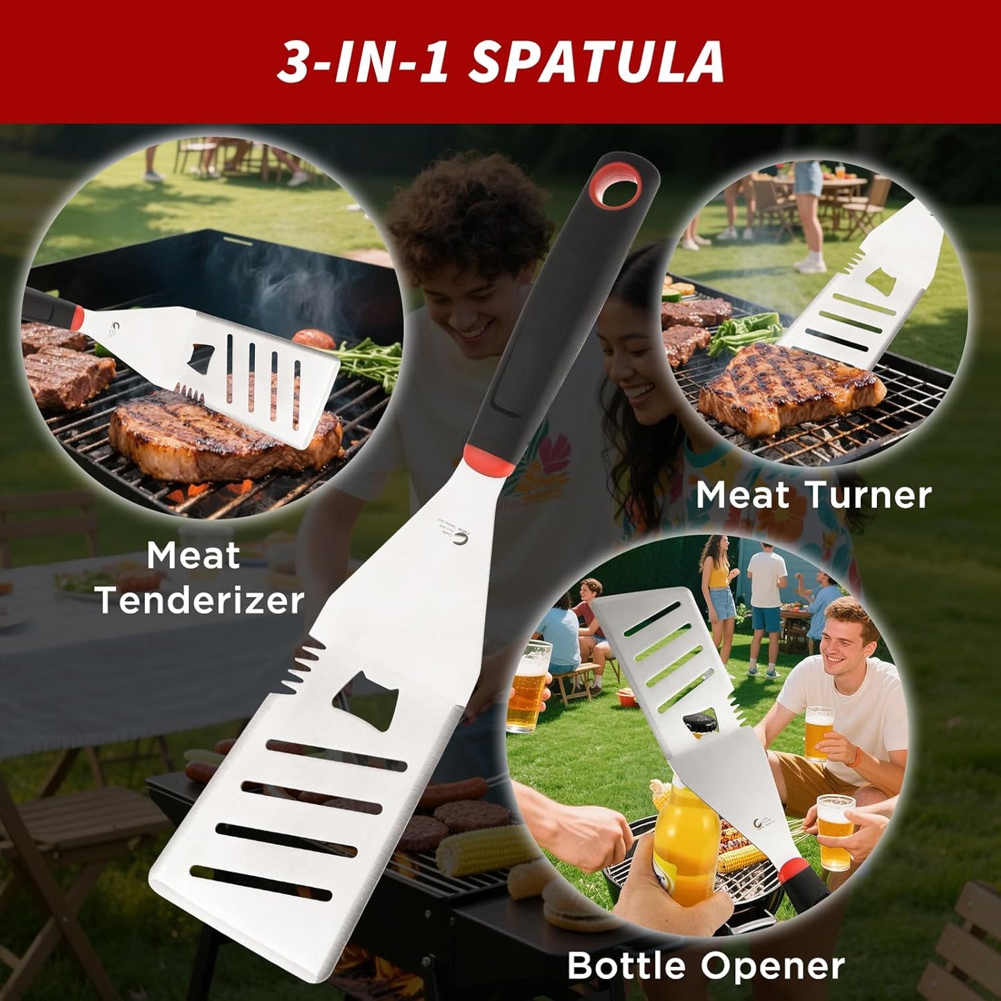 BBQ Tools Set, Heavy Duty Stainless Steel Spatula, Fork & Tongs with Portable Bag, Essential Accessories for Barbecue Outdoor Grill, Grilling Gifts for Men Dad Camp Chef