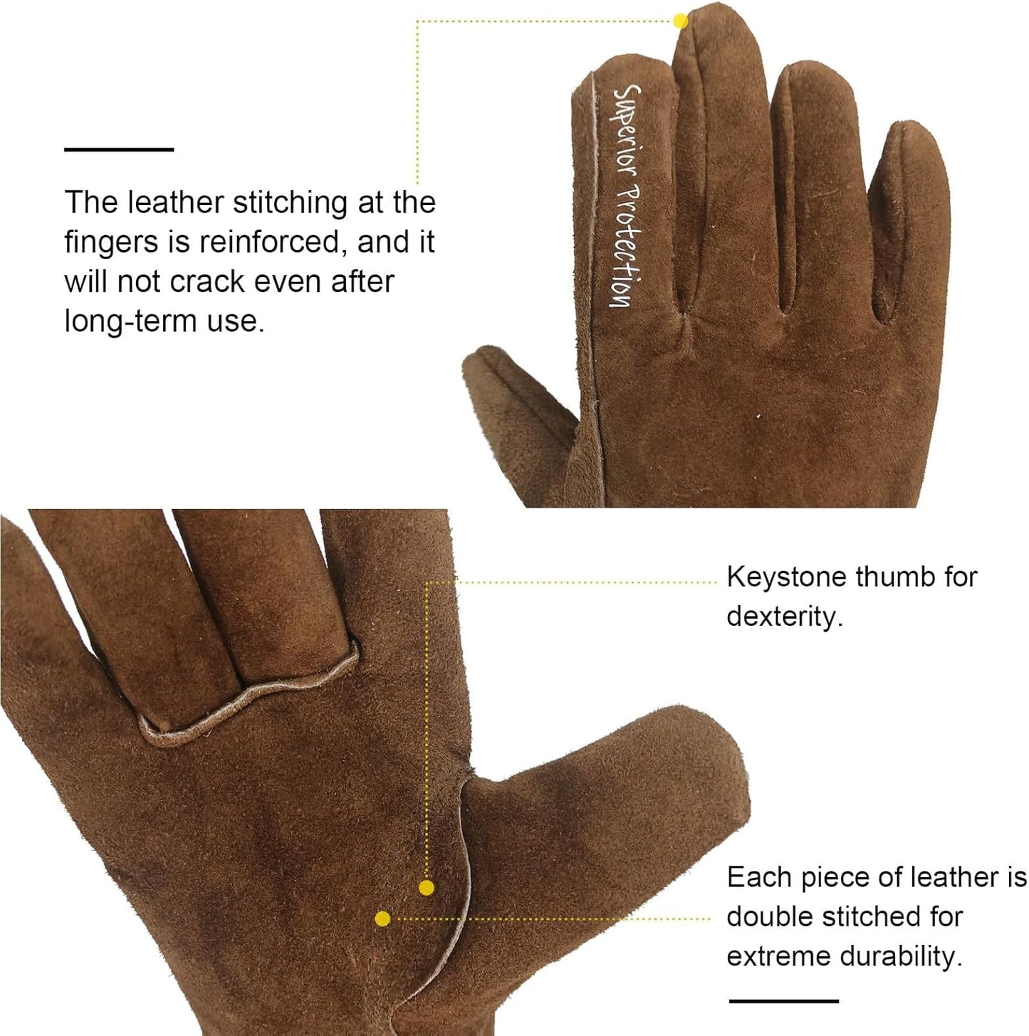 12 Pairs Bulk Leather Work Gloves for Men or Women for Gardening, Construction, Truck, Driving, Farm, Ranch, Woodworker, Soft, Cowhide Thickened, Water Resistant, Brown, Large