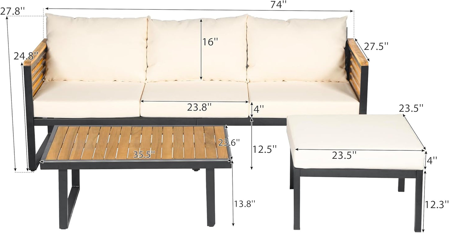 Patio Furniture Set, Outdoor 3-Piece Acacia Wood and Metal Patio Sofa Set, L-Shape Conversation Sofa with Coffee Table and Ottoman for Garden, Poolside, Backyard