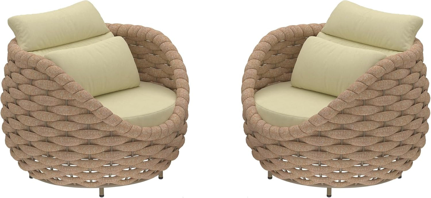 TWT 2 Pieces Patio Furniture Aluminum Armchair, All-Weather Outdoor Single Sofa with Teslin Rope Metal Chair with Light Yellow Cushions, Light Brown