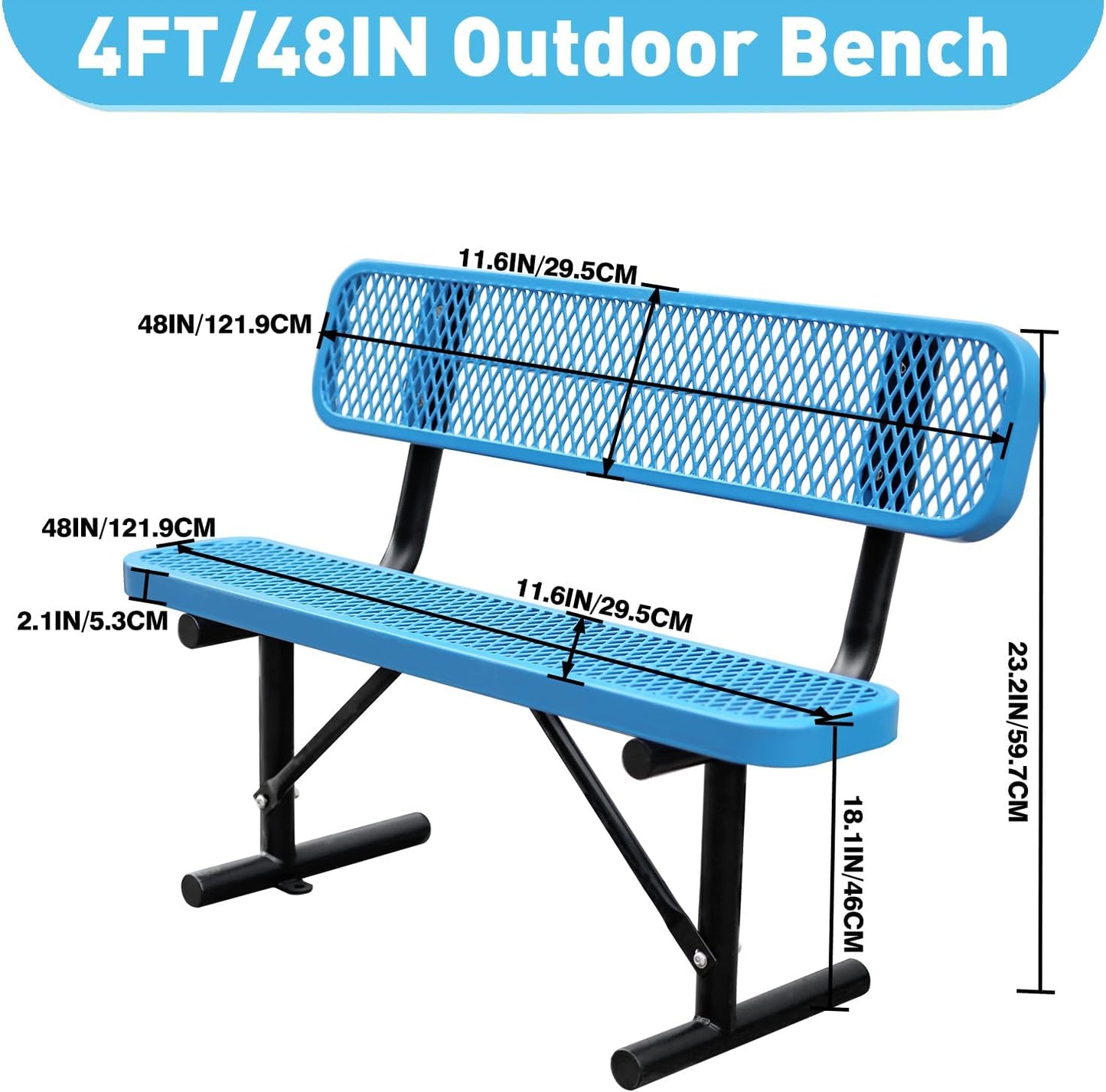 Thermoplastic Coated Iron Park Bench for Outside, Heavy Duty Metal Garden Bench, Expanded Commercial Grade Seating for Shopping Malls, Lawn Yard Porch Entryway (Blue with Backrest, 48IN)