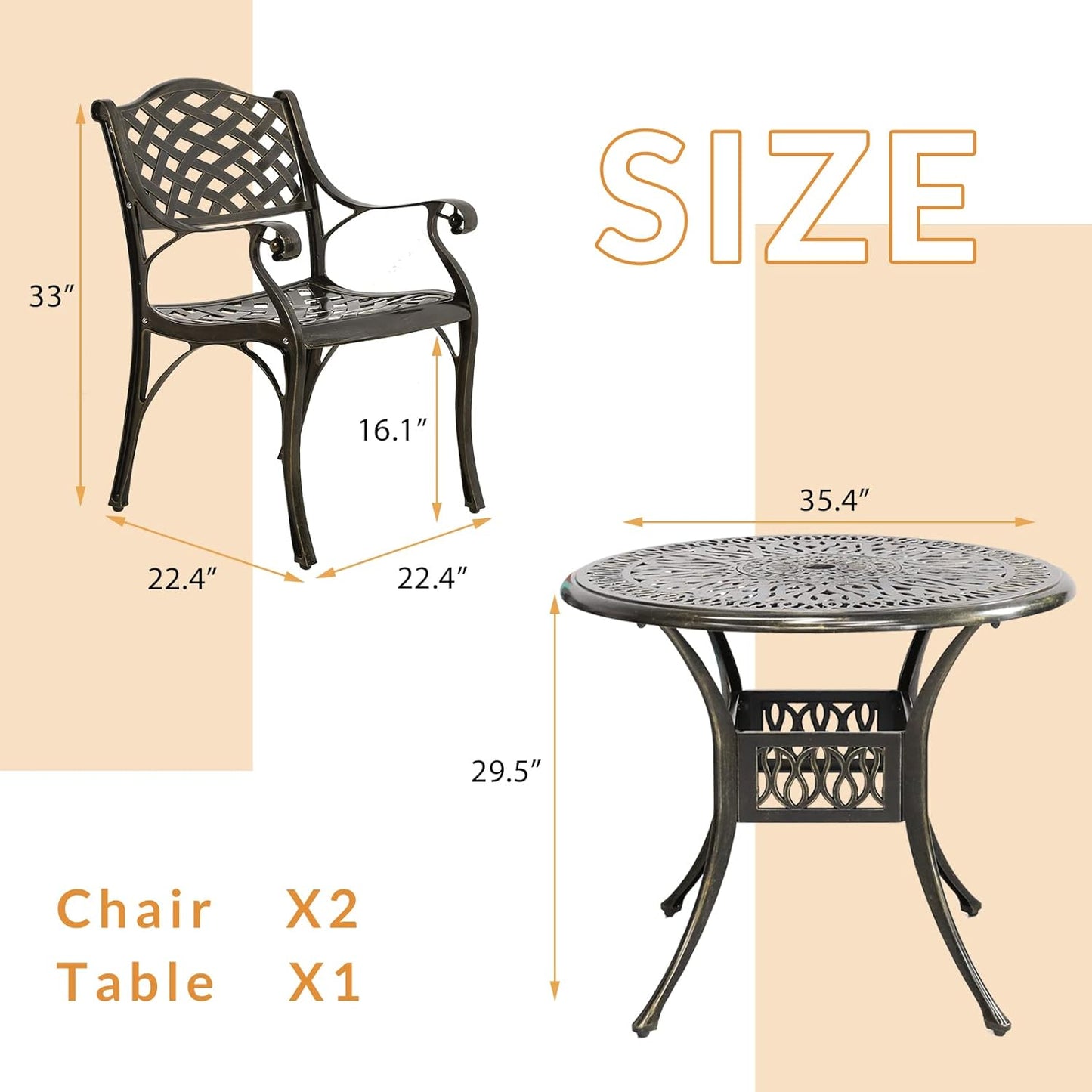3-Piece Outdoor Patio Dining Set, All-Weather Cast Aluminum Patio Furniture Set for Backyard Garden Deck with 2 Chairs and 35.4” Round Table, 2" Umbrella Hole
