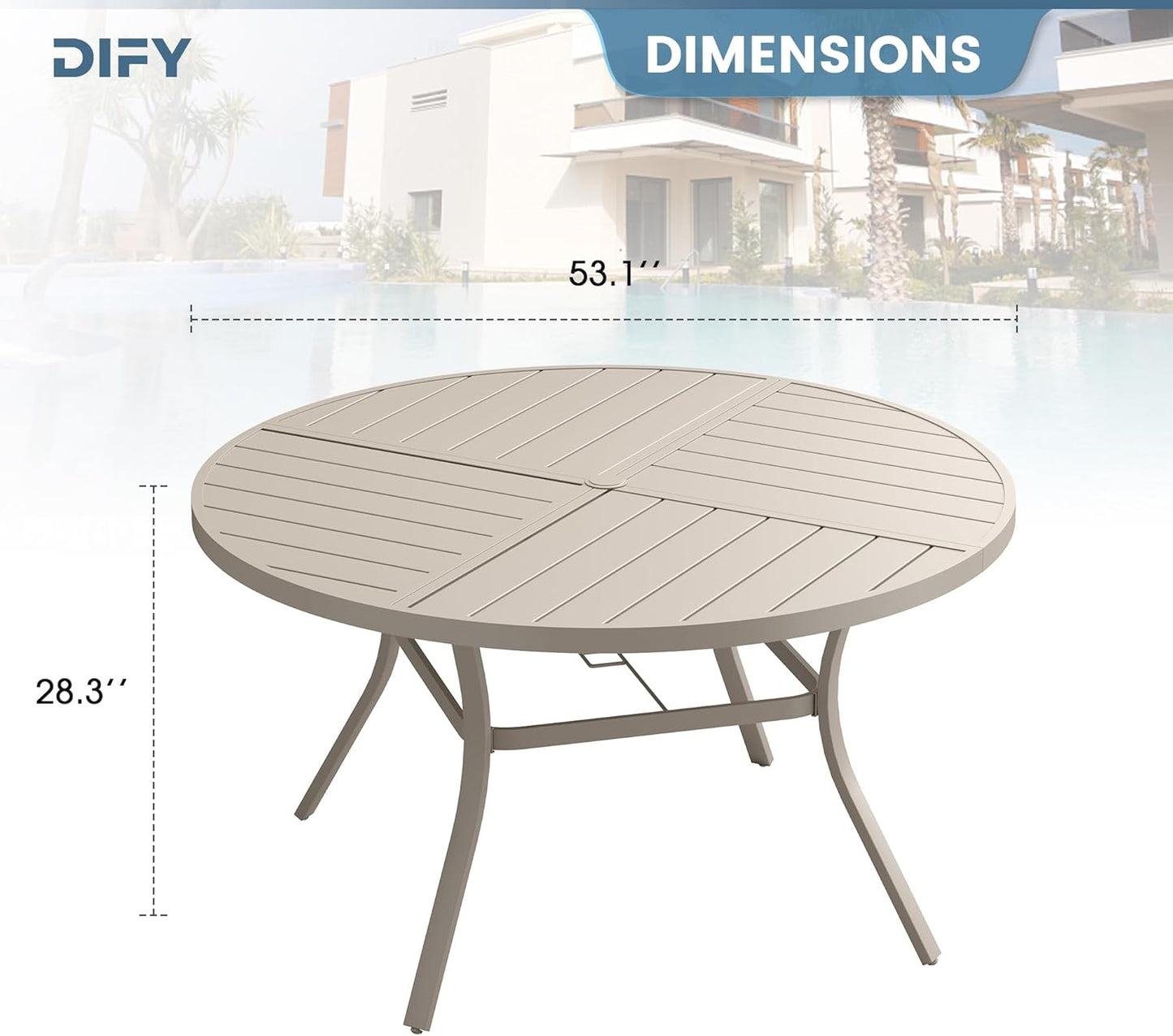 DIFY 59.8" Round Outdoor Patio Dining Table for 8-10, All-Weather Metal Steel Slatted Patio Table with 1.57" Adjustable Umbrella Hole, for Lawn Garden Porch Backyard, Sandshell