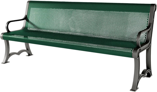 Coated Outdoor Furniture Heavy-Duty Outdoor Bench Thermoplastic Coated, Punched Steel, Commercial-Grade Garden Bench, Made in America (Portable with Back, 6 Ft, Textured Green)