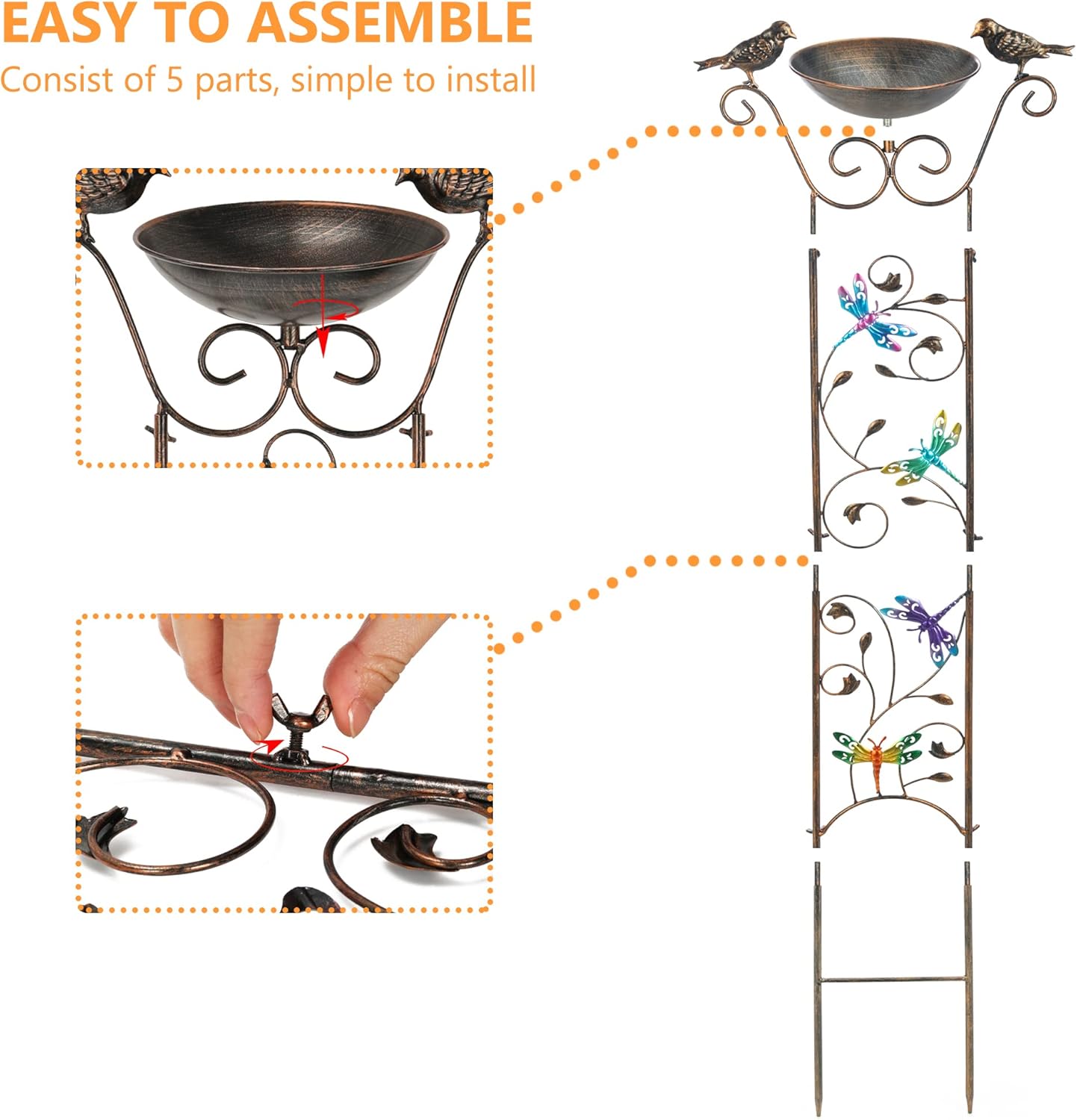 LEWIS&WAYNE Garden Trellis Bird Bath Outdoor, 40 Inch Antique Iron Garden Plant Trellis Decorative with Dragonfly and Detachable Drinking Basin Bowl, Free Standing BirdBath Birdfeeder Station